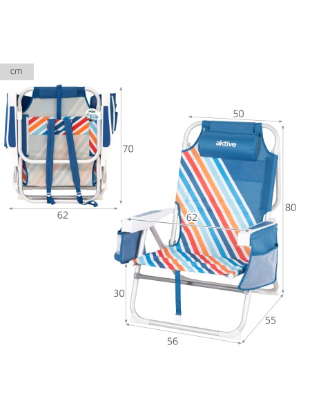 Silla de playa multicolor con bolsillos y asas transporte 50x55x80 cm