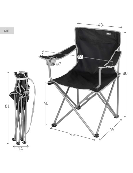 Pack 2 sillas plegables camping 48x45x80 cm negras con portavasos