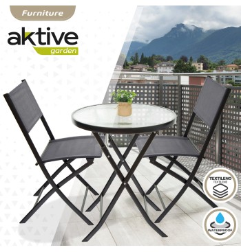Conjunto mesa redonda y 2 sillas jardín o terraza textileno 2