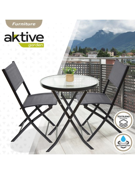 Conjunto mesa redonda y 2 sillas jardín o terraza textileno