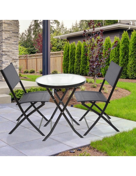 Conjunto mesa redonda y 2 sillas jardín o terraza textileno