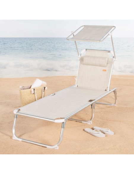 Tumbona playa multiposición 186x49x30 cm beige con parasol y cojín