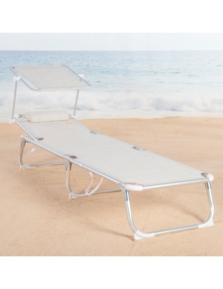 Tumbona playa multiposición 186x49x30 cm beige con parasol y cojín