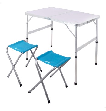 Mesa plegable regulable en altura con 2 taburetes