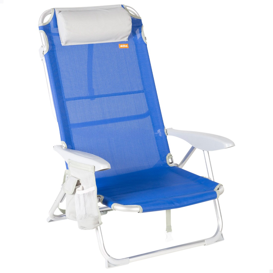 Silla plegable de playa multiposición 50x50x88 cm azul con bolsillos, cojín y asa