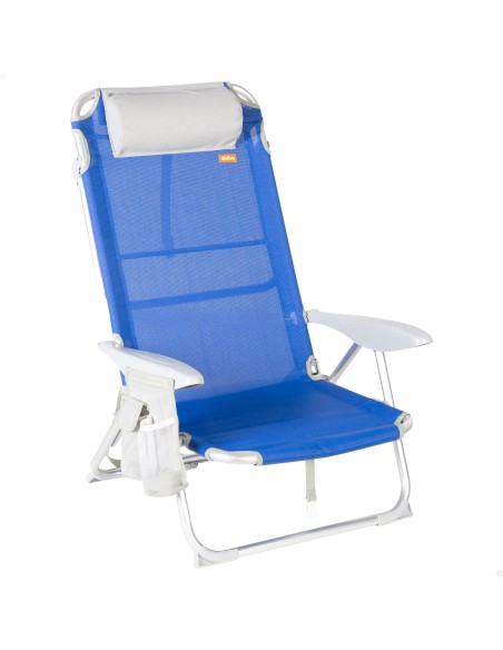 Silla plegable de playa multiposición 50x50x88 cm azul con bolsillos, cojín y asa