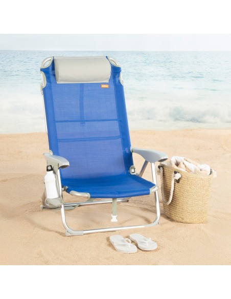 Silla plegable de playa multiposición 50x50x88 cm azul con bolsillos, cojín y asa