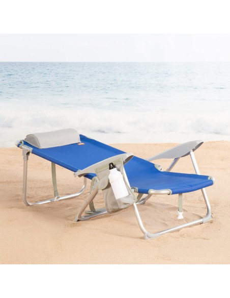 Silla plegable de playa multiposición 50x50x88 cm azul con bolsillos, cojín y asa