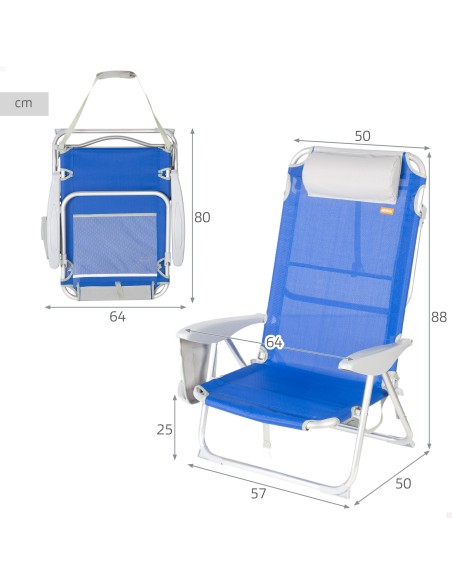 Silla plegable de playa multiposición 50x50x88 cm azul con bolsillos, cojín y asa