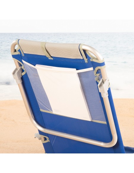 Silla plegable de playa multiposición 50x50x88 cm azul con bolsillos, cojín y asa