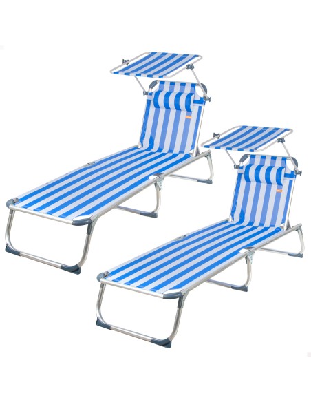 Pack 2 tumbonas playa multiposición 186x49x30 cm marinera con parasol y cojín