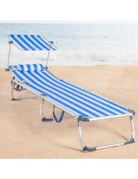 Pack 2 tumbonas playa multiposición 186x49x30 cm marinera con parasol y cojín