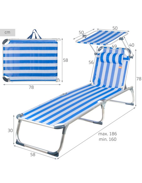 Pack 2 tumbonas playa multiposición 186x49x30 cm marinera con parasol y cojín