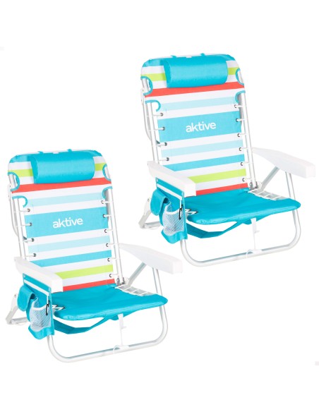 Pack 2 sillas playa media multiposición 50x53x77 cm multicolor con nevera y bolsillos