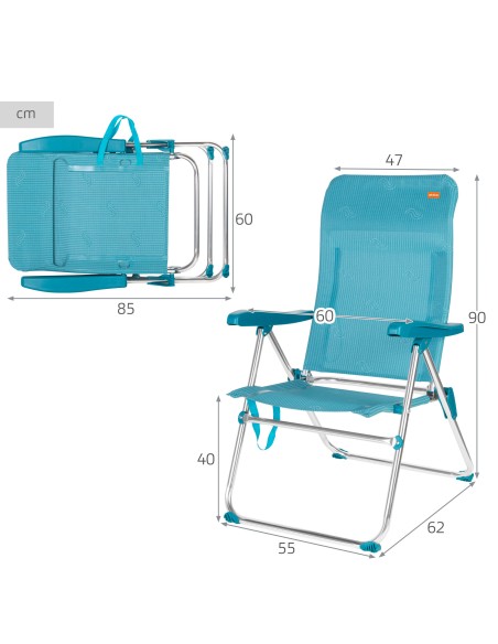 Pack 2 sillas playa altas multiposición 47x62x90 cm turquesa