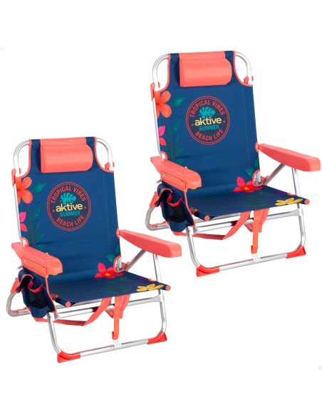 Pack 2 sillas playa media multiposición 50x54x80 cm flores multicolor con bolsillos