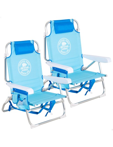 Pack 2 sillas playa media multiposición 50x54x80 cm azul con bolsillos