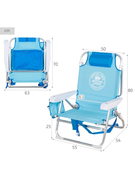 Pack 2 sillas playa media multiposición 50x54x80 cm azul con bolsillos