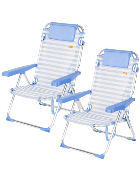 Pack 2 sillas playa alta multiposición 48x60x90 cm azul a rayas