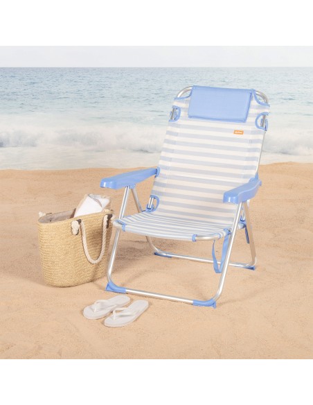 Pack 2 sillas playa alta multiposición 48x60x90 cm azul a rayas