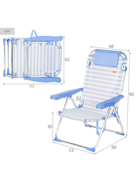 Pack 2 sillas playa alta multiposición 48x60x90 cm azul a rayas