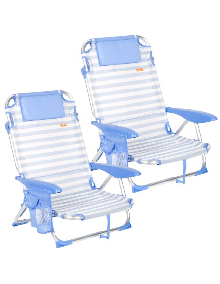 Pack 2 sillas playa baja multiposición 51x45x76 cm azul a rayas