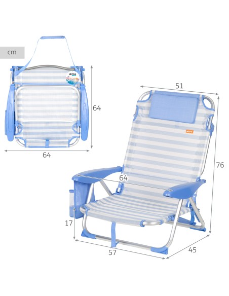Pack 2 sillas playa baja multiposición 51x45x76 cm azul a rayas
