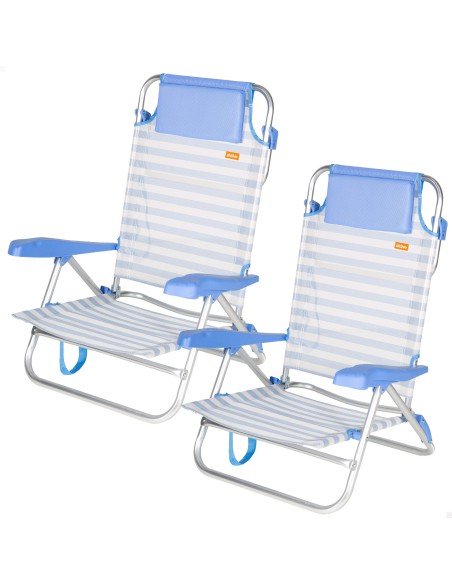 Pack 2 sillas playa baja multiposición 48x50x80 cm azul a rayas