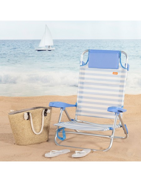 Pack 2 sillas playa baja multiposición 48x50x80 cm azul a rayas