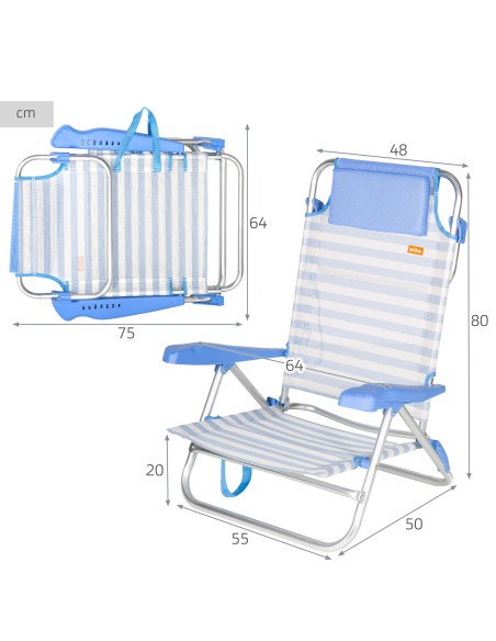 Pack 2 sillas playa baja multiposición 48x50x80 cm azul a rayas