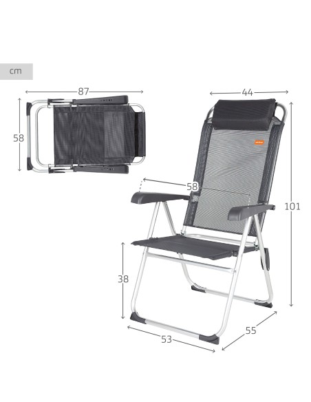 Silla plegable camping multiposición gris oscuro con cojín