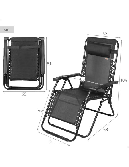 Silla plegable jardín gravedad cero 52x68x104 cm negro 2 posiciones