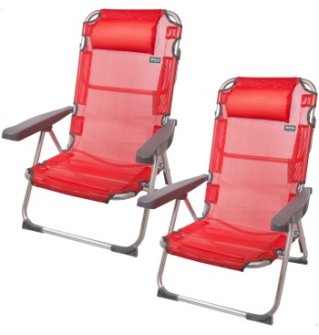 Pack 2 sillas playa multiposición 48x60x90 cm rojo con cojín