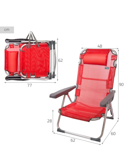 Pack 2 sillas playa multiposición 48x60x90 cm rojo con cojín