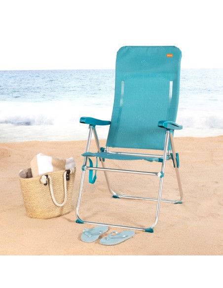 Silla plegable de playa multiposición 47x67x110 cm azul con asa