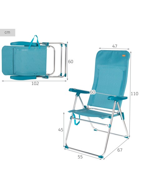 Silla plegable de playa multiposición 47x67x110 cm azul con asa