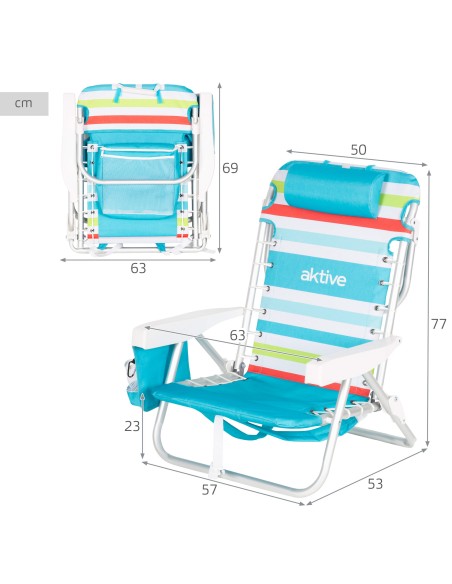 Silla playa baja multiposición multicolor 50x53x77 cm con nevera y bolsillos