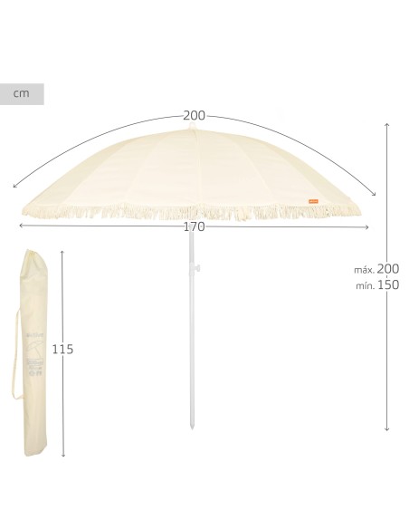 Sombrilla playa 16 varillas 200 cm beige con flecos