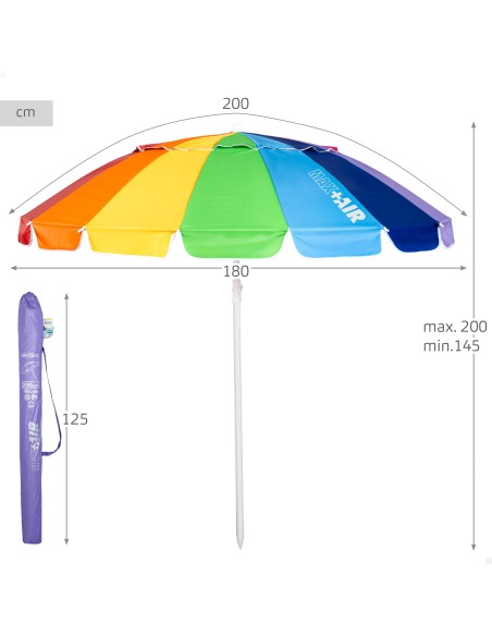 Sombrilla de playa 16 varillas 200 cm multicolor inclinable UV50
