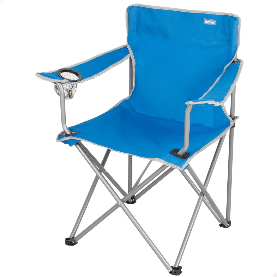 Silla plegable camping azul con asa y portavasos