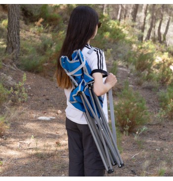Silla plegable camping azul con asa y portavasos 2