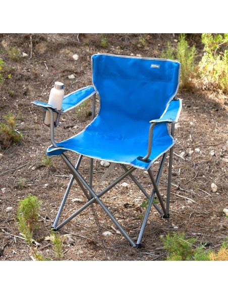 Silla plegable camping azul con asa y portavasos