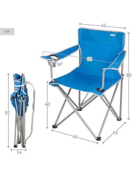 Silla plegable camping azul con asa y portavasos