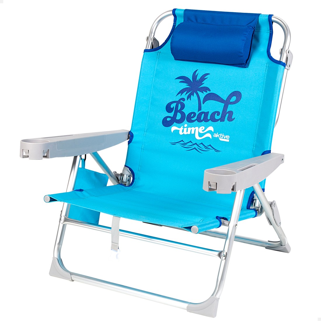 Silla playa baja xxl multiposición 55x60x80 cm azul con cojín, bolsillo y posavasos