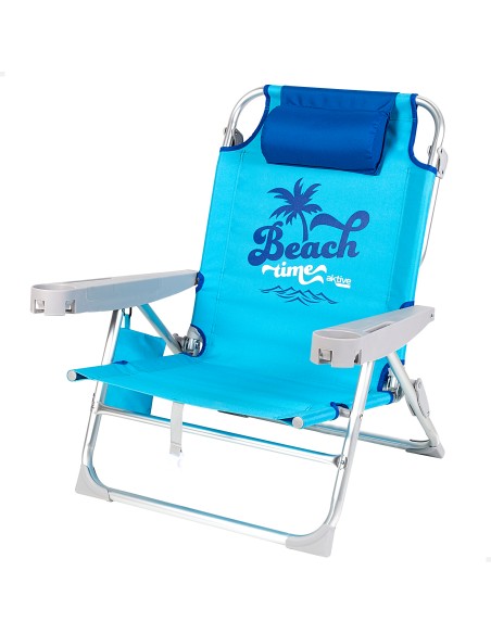 Silla playa baja XXL multiposición 55x60x80 cm azul con cojín, bolsillo y posavasos