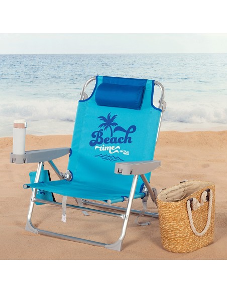 Silla playa baja XXL multiposición 55x60x80 cm azul con cojín, bolsillo y posavasos