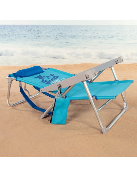 Silla playa baja XXL multiposición 55x60x80 cm azul con cojín, bolsillo y posavasos