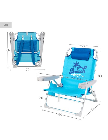 Silla playa baja XXL multiposición 55x60x80 cm azul con cojín, bolsillo y posavasos
