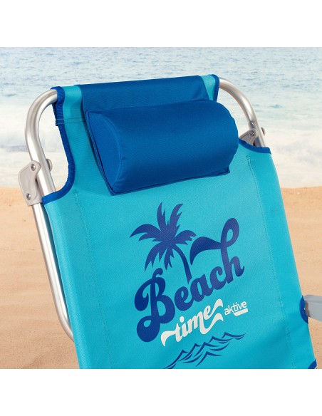 Silla playa baja XXL multiposición 55x60x80 cm azul con cojín, bolsillo y posavasos