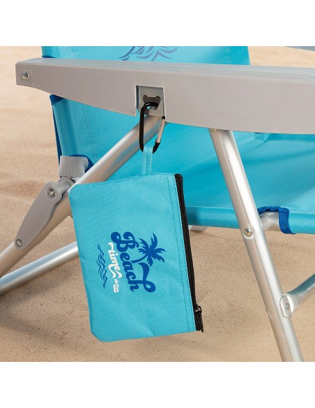 Silla playa baja XXL multiposición 55x60x80 cm azul con cojín, bolsillo y posavasos